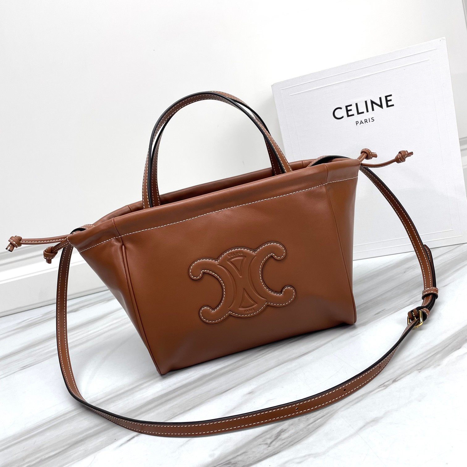 CELINE Small Cabas Drawstring Cuir Triomphe In Smooth Calfskin Tan