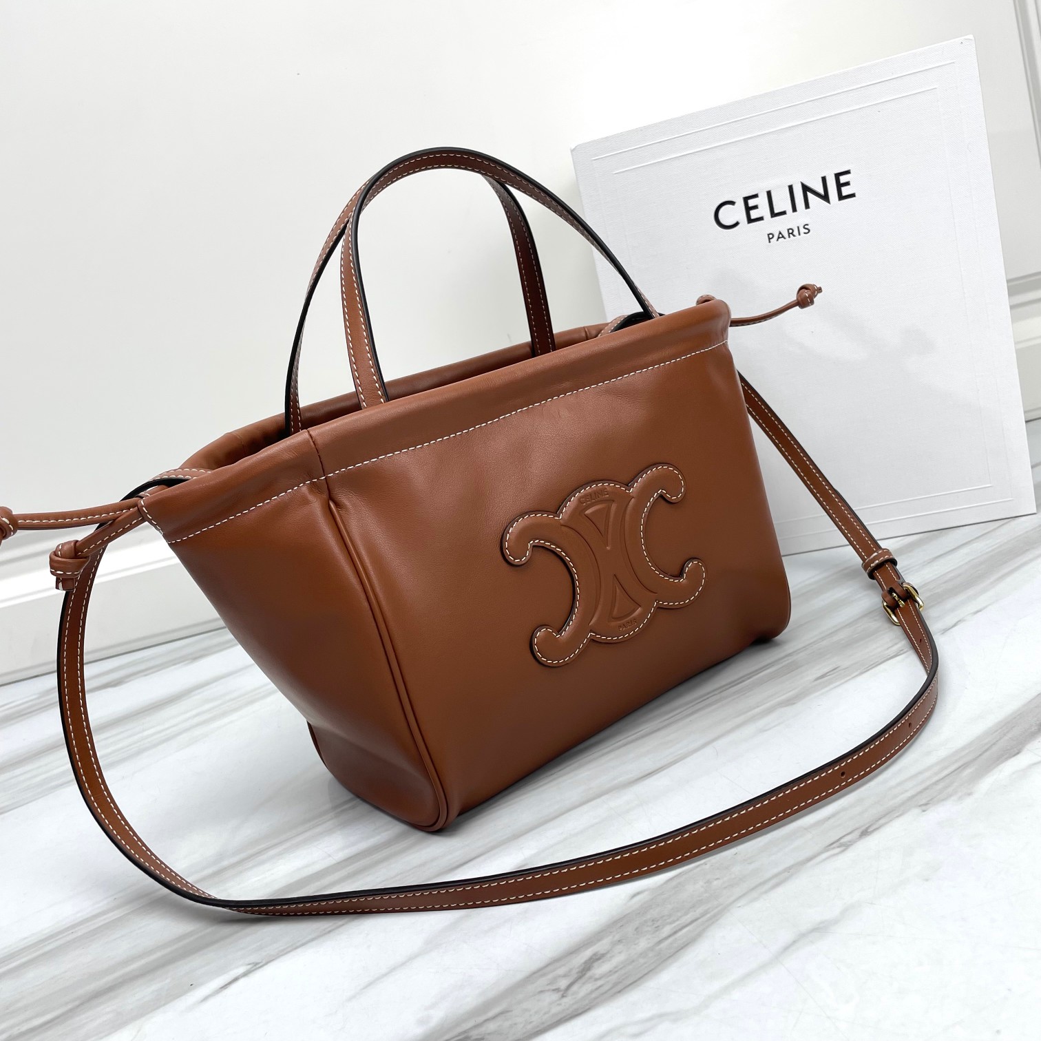 CELINE Small Cabas Drawstring Cuir Triomphe In Smooth Calfskin Tan