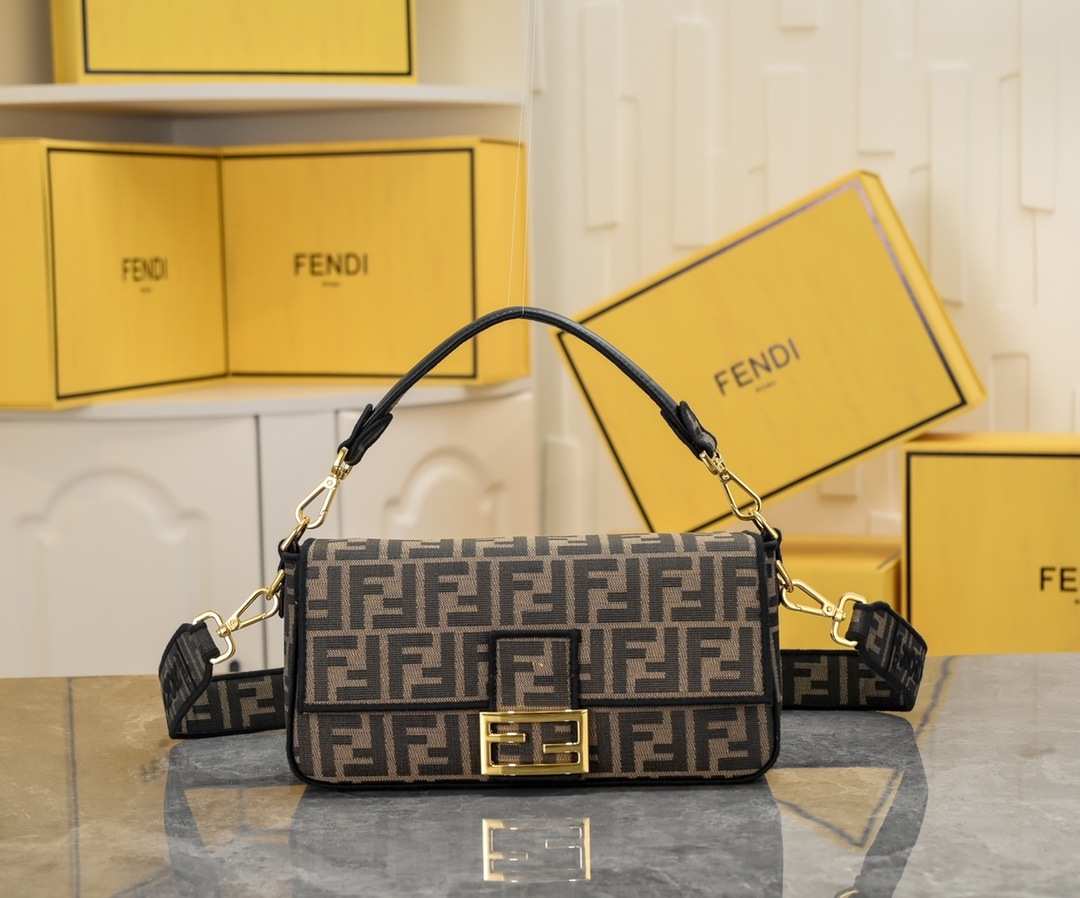 FENDI Baguette Meduim Brown FF Jacquard Fabric