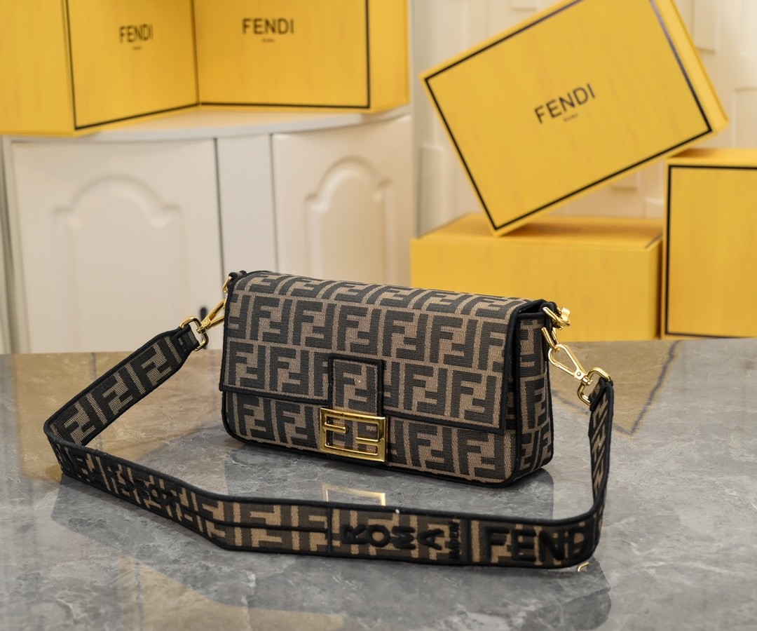 FENDI Baguette Meduim Brown FF Jacquard Fabric