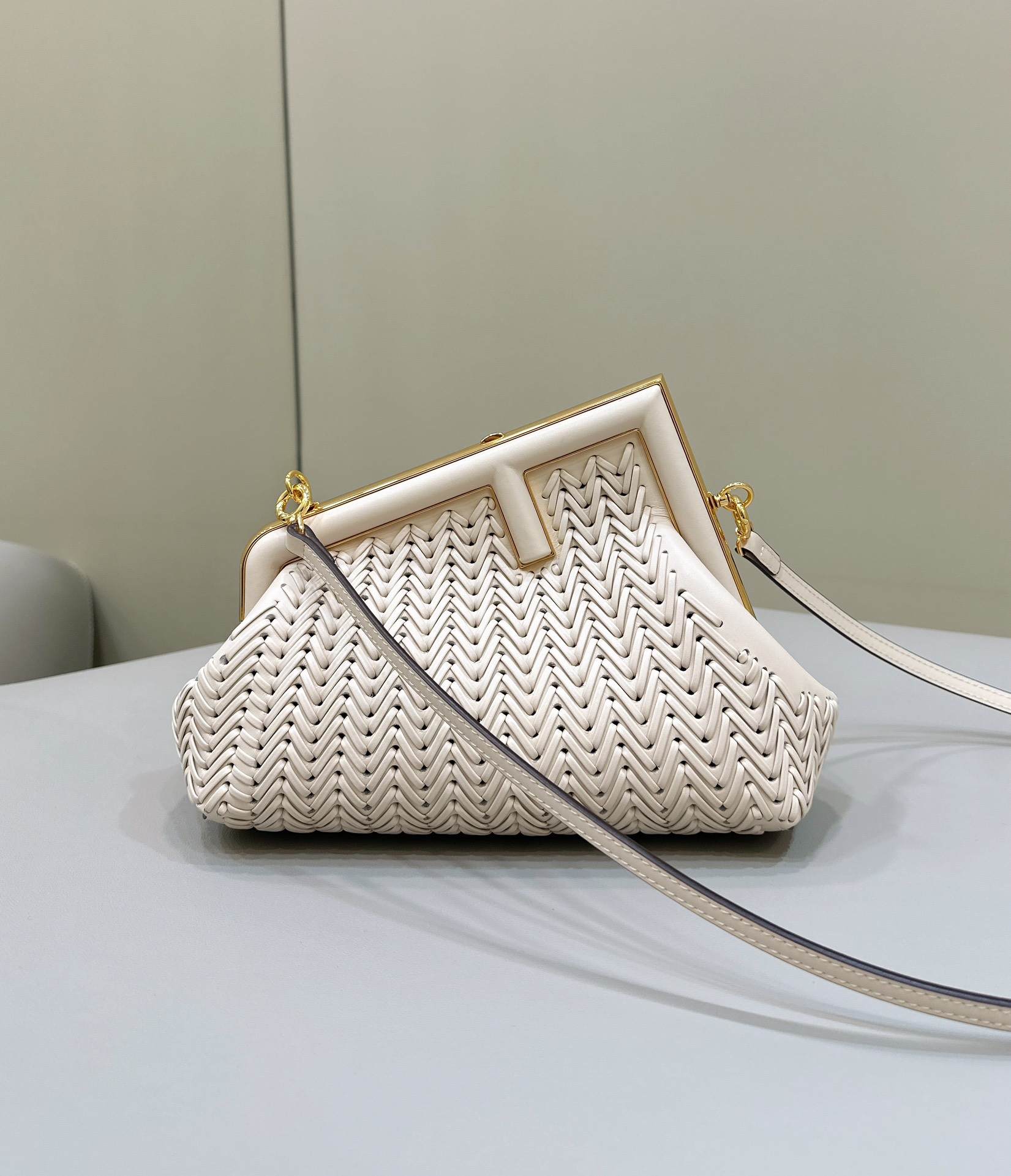 FENDI First Small White Woven Leather