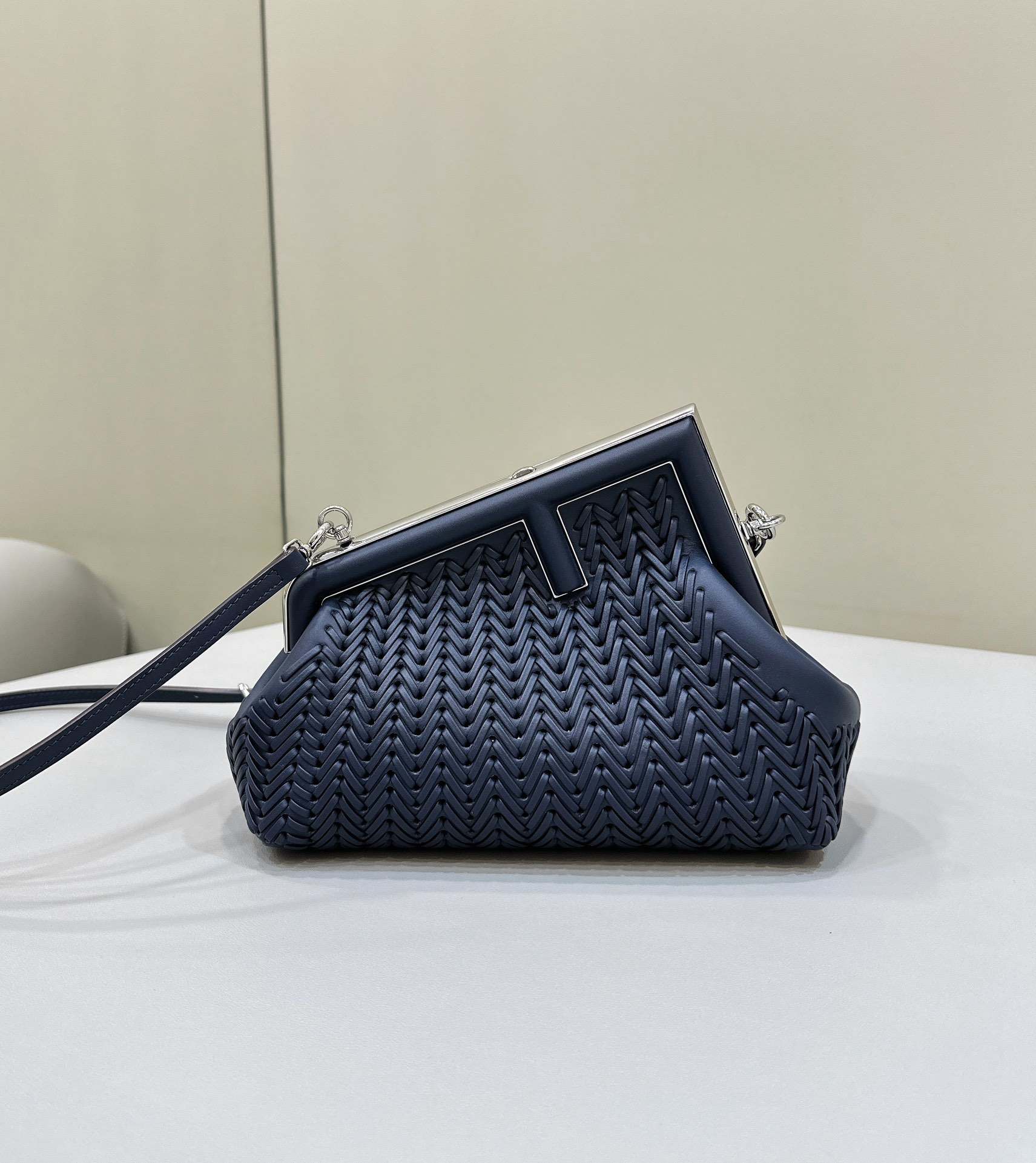 FENDI First Small Midnight Blue Woven Leather