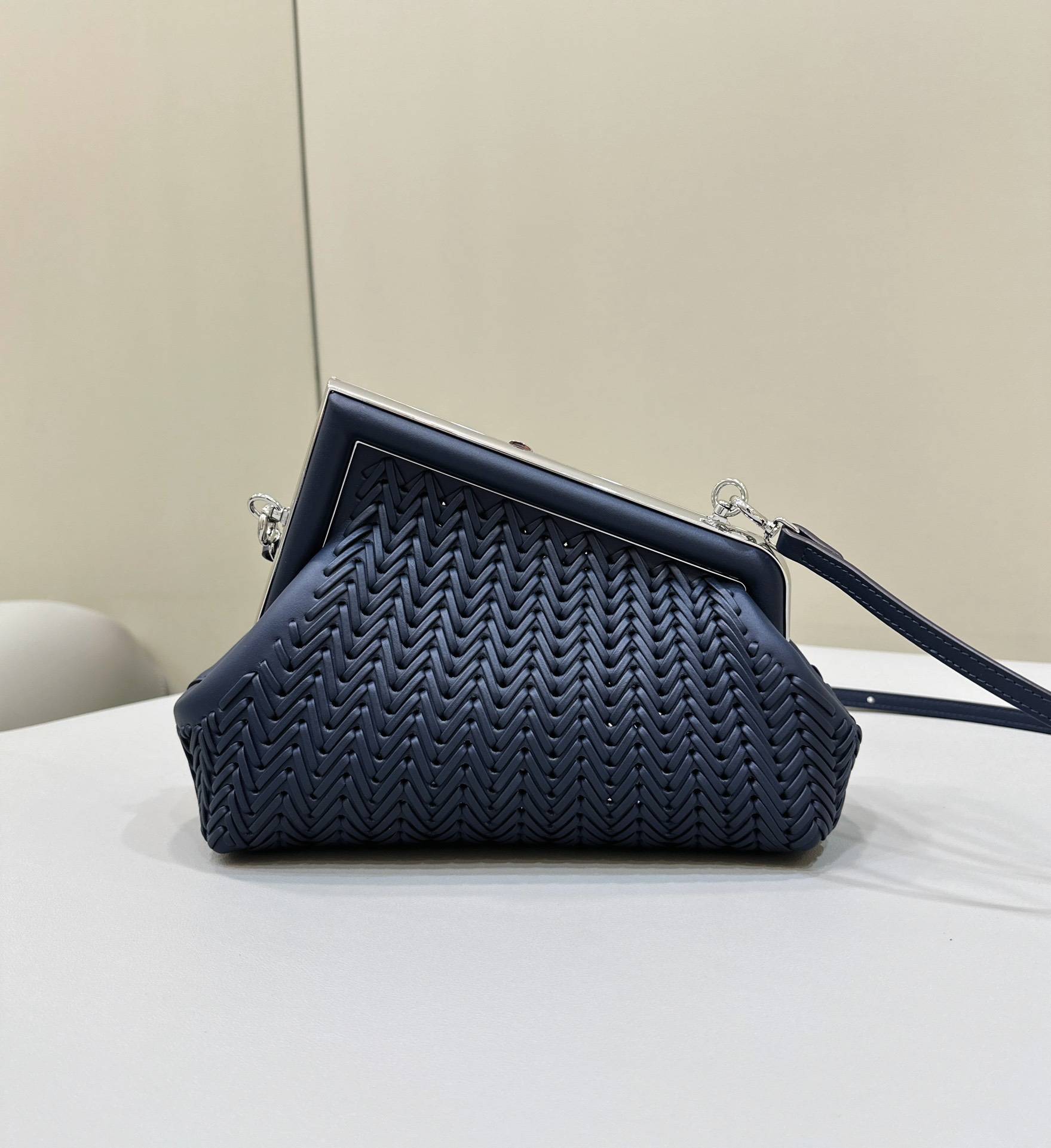 FENDI First Small Midnight Blue Woven Leather