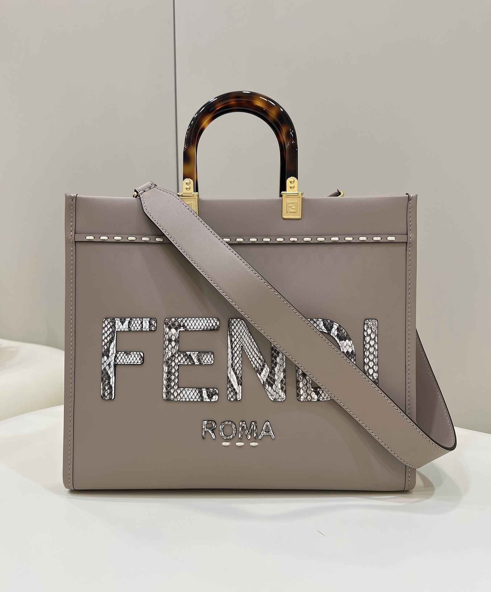 FENDI Sunshine Medium Dove Gray Leather And Elaphe Shopper