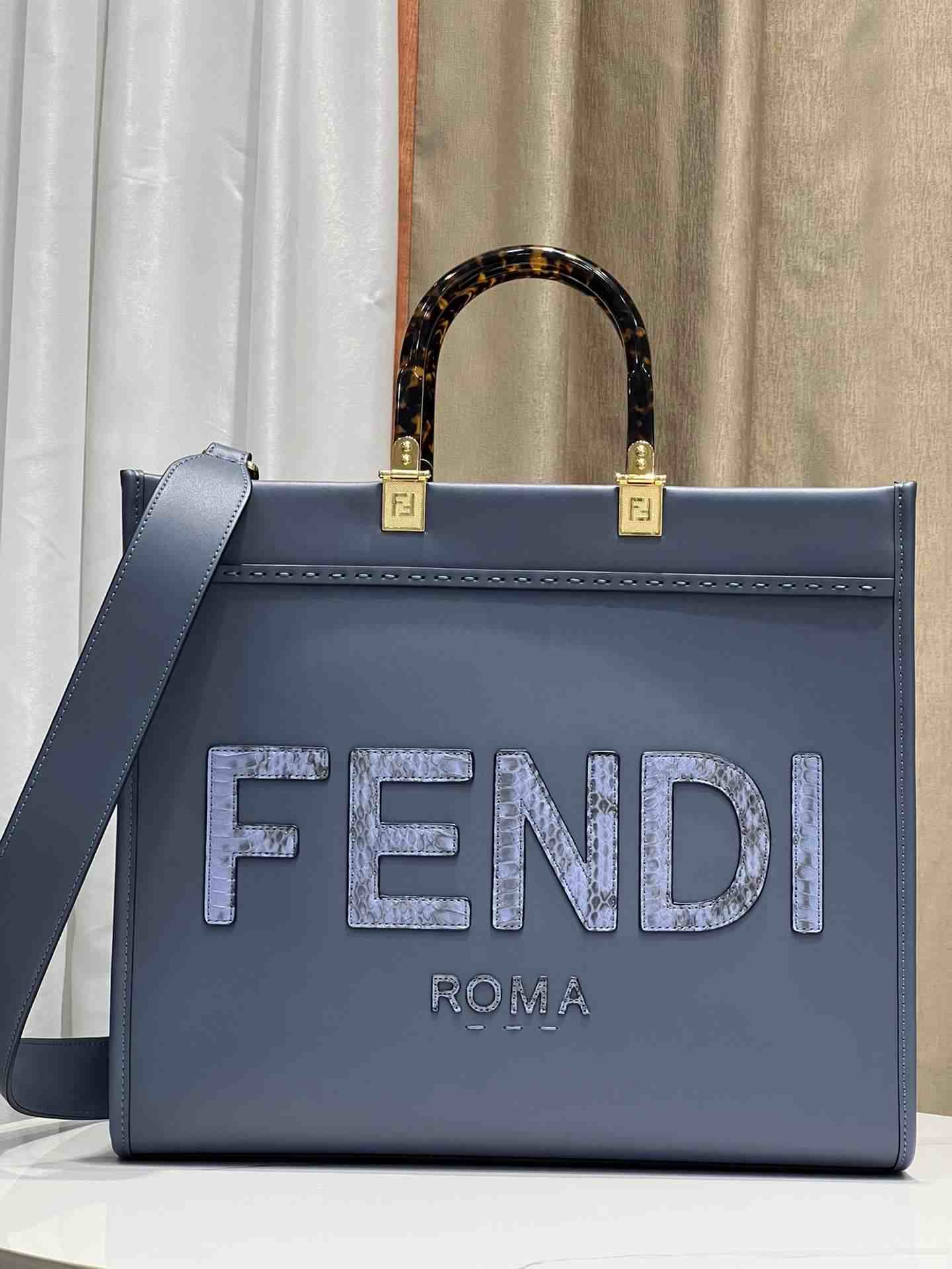 FENDI Sunshine Medium Dark Gray Leather And Elaphe Shopper