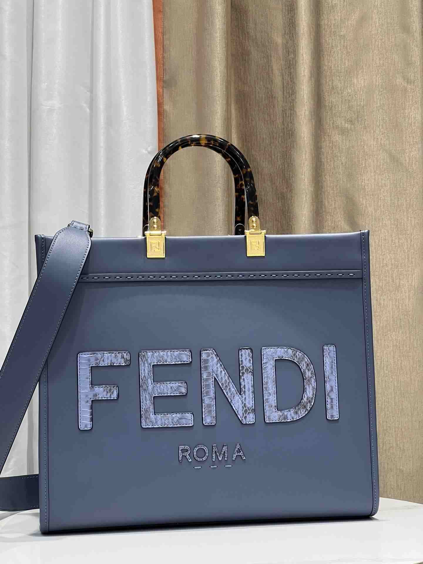 FENDI Sunshine Medium Dark Gray Leather And Elaphe Shopper