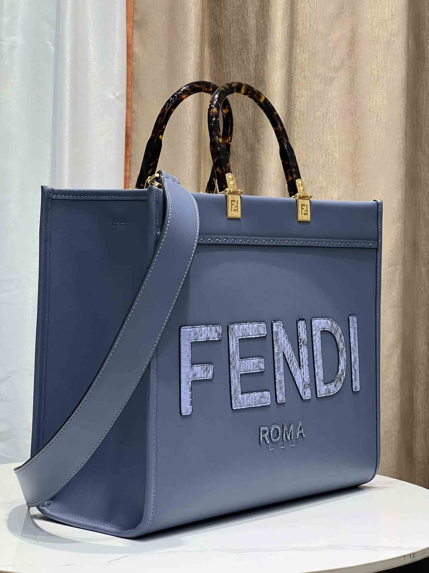 FENDI Sunshine Medium Dark Gray Leather And Elaphe Shopper