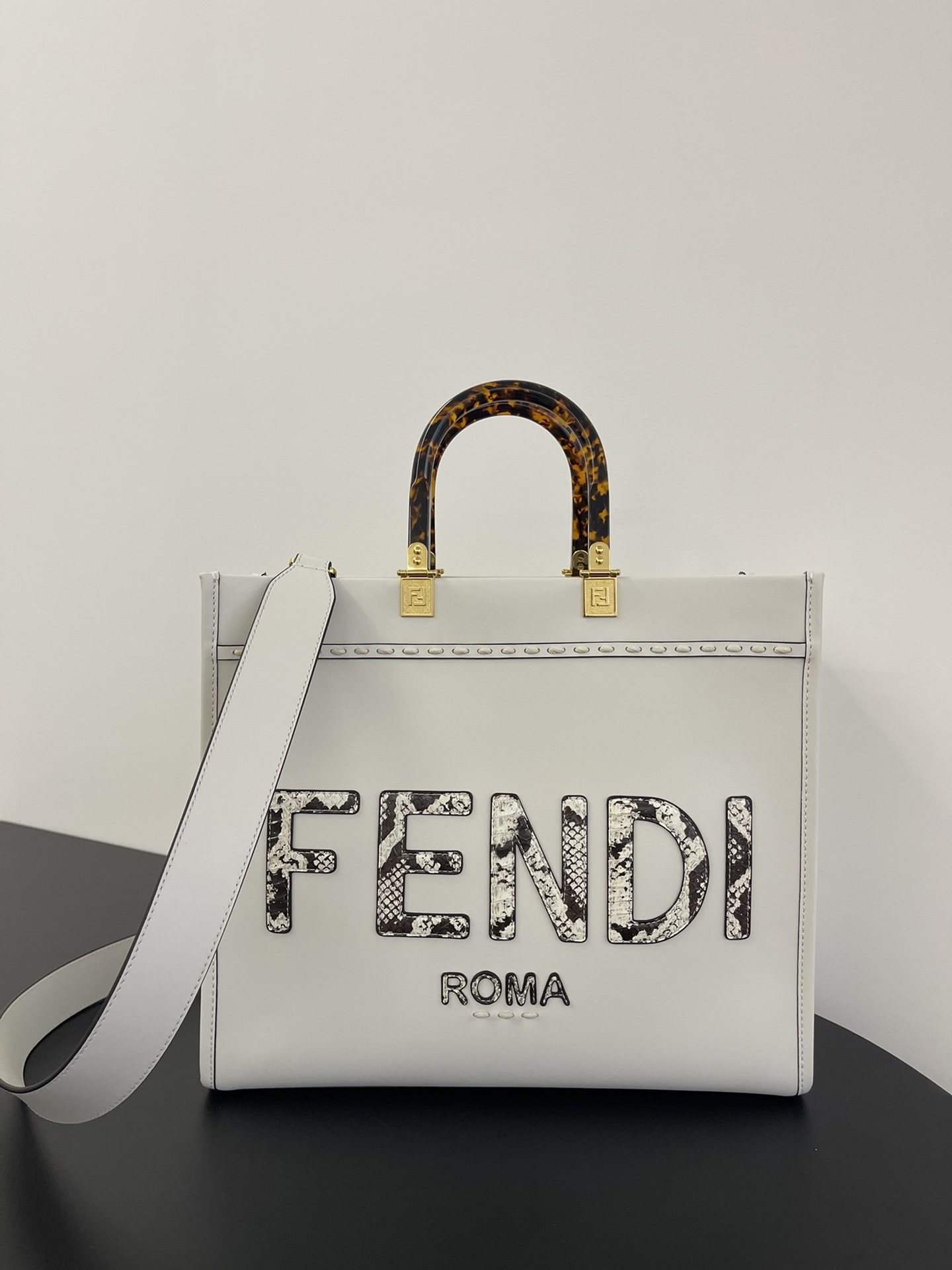 FENDI Sunshine Medium White Leather And Elaphe Shopper