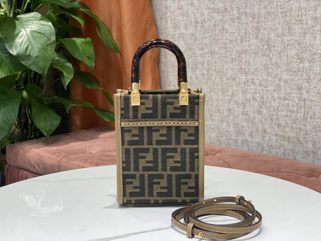 FENDI Sunshine Mini Brown FF Jacquard Fabric Shopper