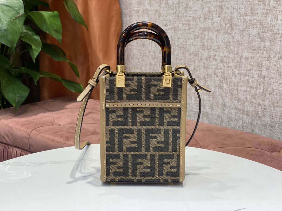 FENDI Sunshine Mini Brown FF Jacquard Fabric Shopper