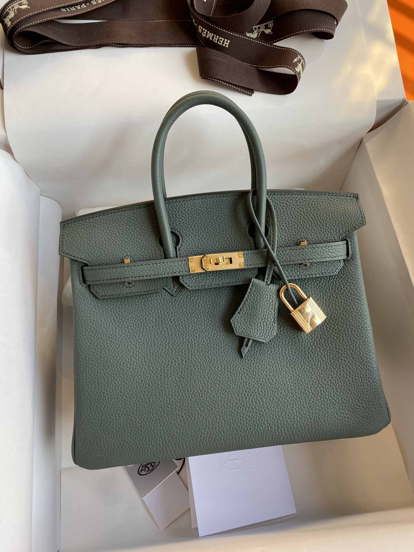 HERMES Birkin 25 Vert amande Togo Gold-tone Hardware