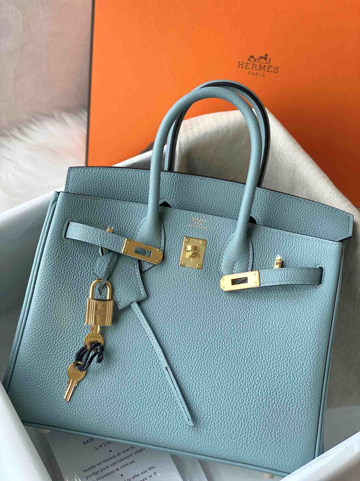 HERMES Birkin 25 Azure Blue Togo Gold-tone Hardware