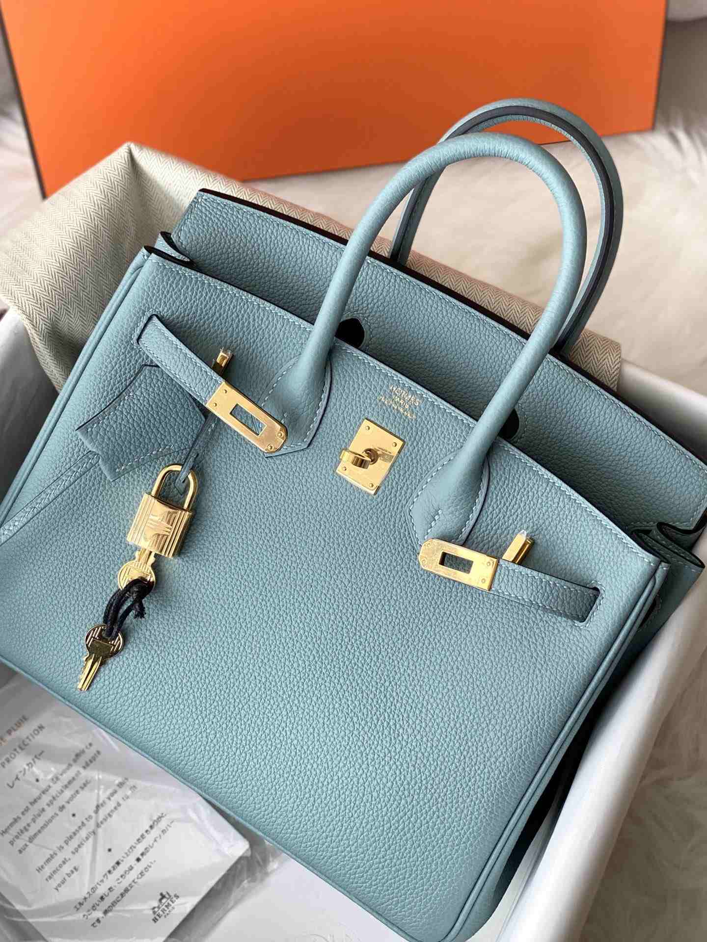 HERMES Birkin 25 Azure Blue Togo Gold-tone Hardware