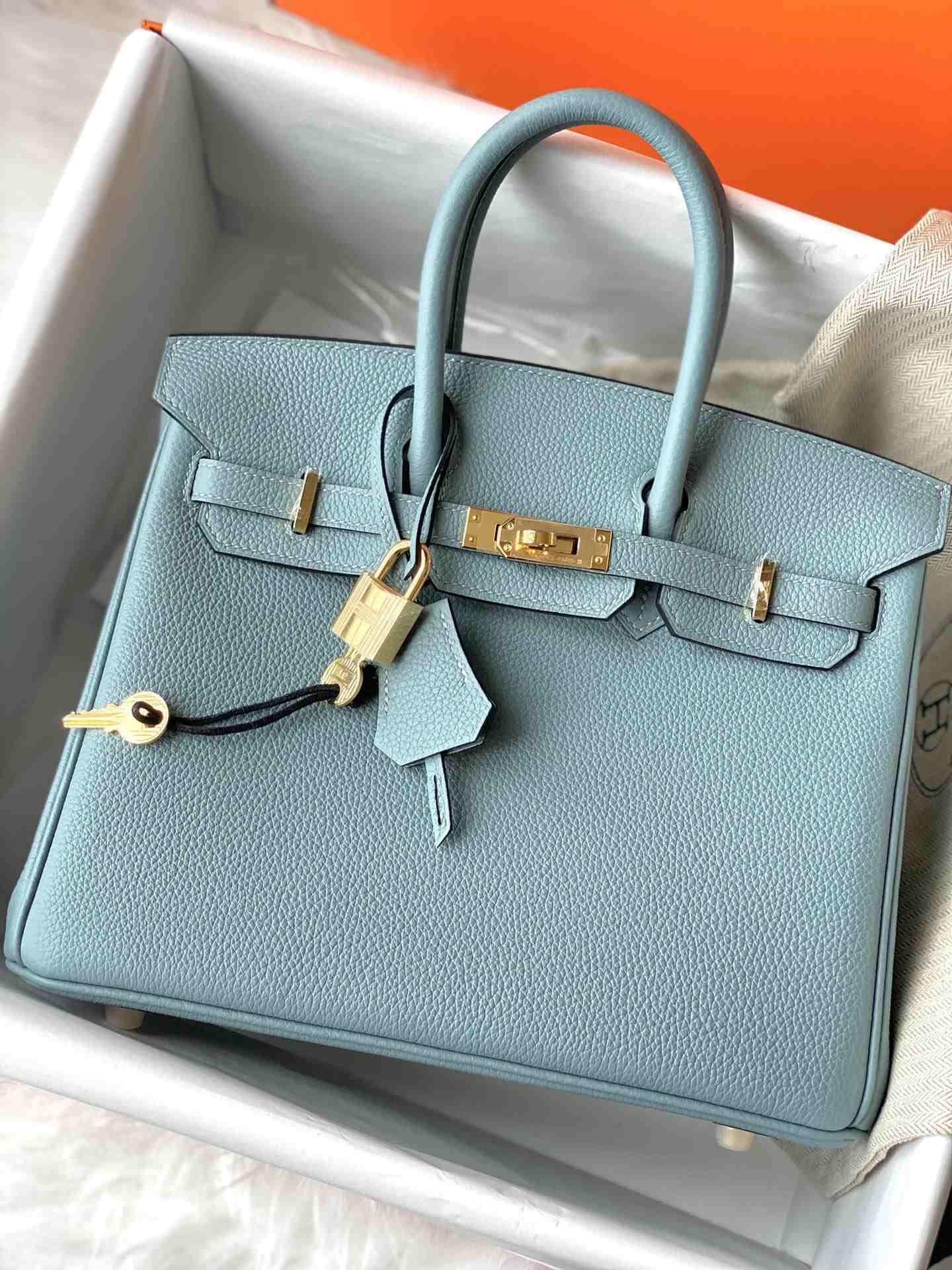 HERMES Birkin 25 Azure Blue Togo Gold-tone Hardware