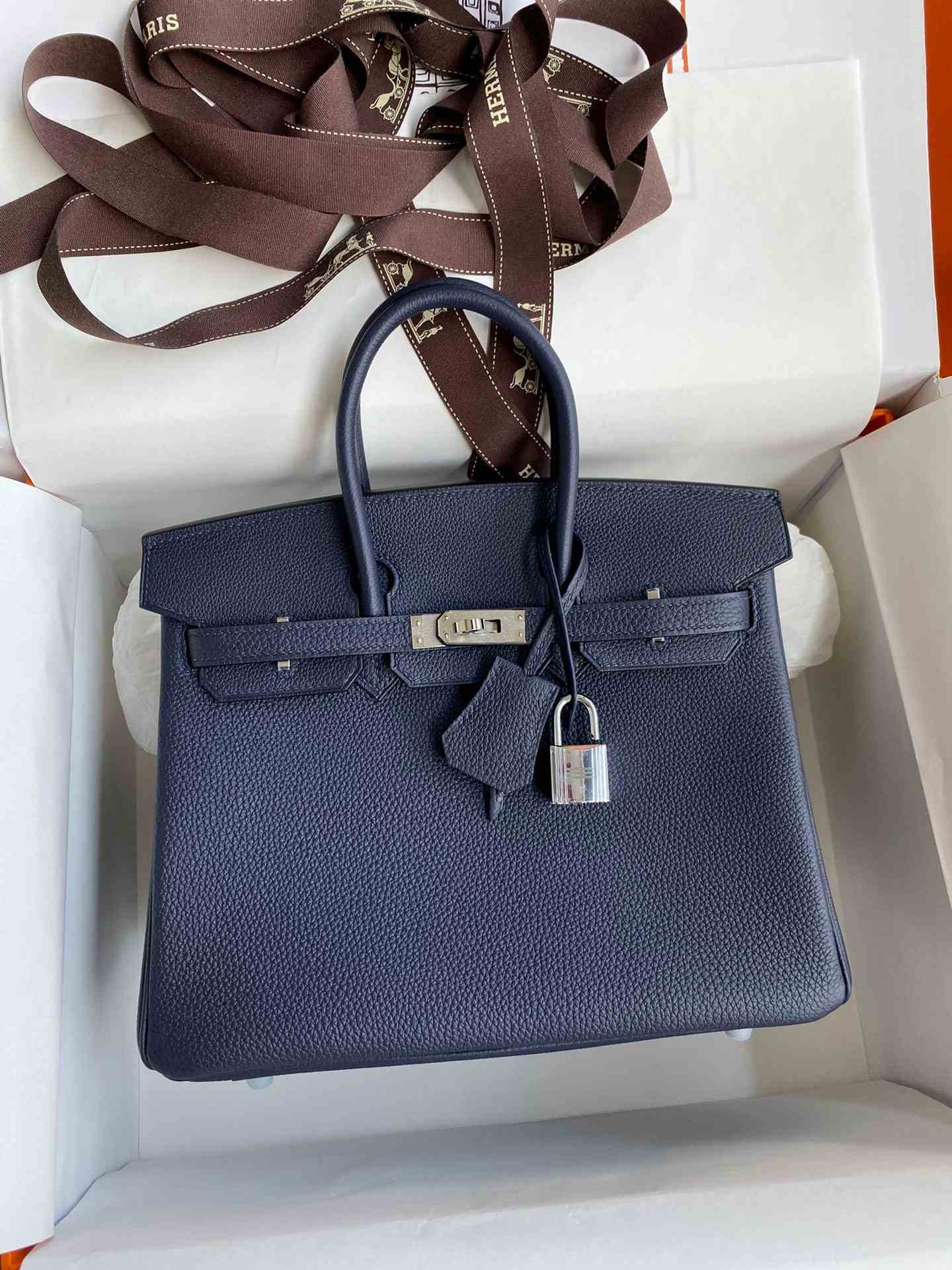 HERMES Birkin 25 Blue Nuit Togo Silver-tone Hardware