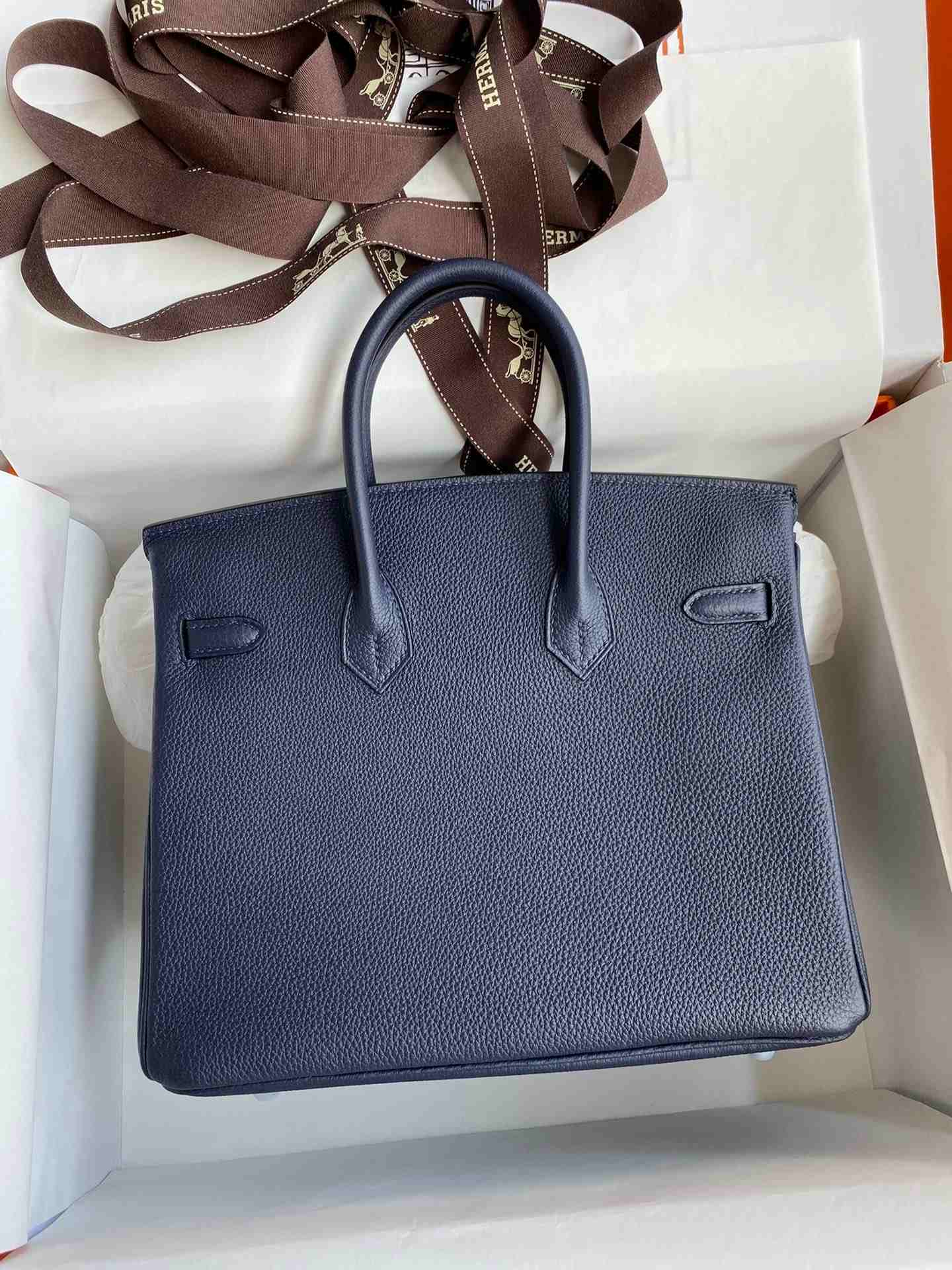 HERMES Birkin 25 Blue Nuit Togo Silver-tone Hardware