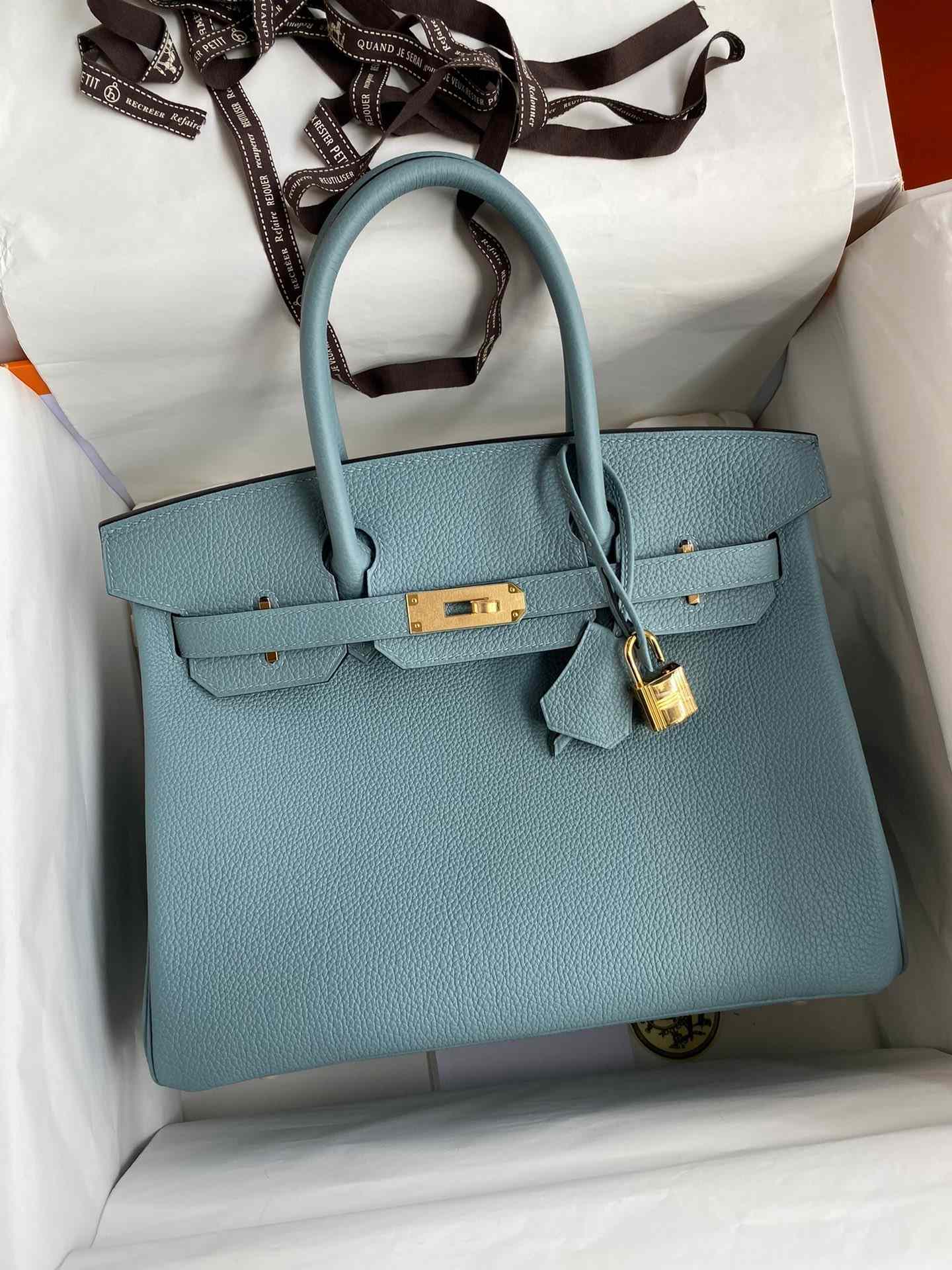 HERMES Birkin 30 Azure Blue Togo Gold-tone Hardware