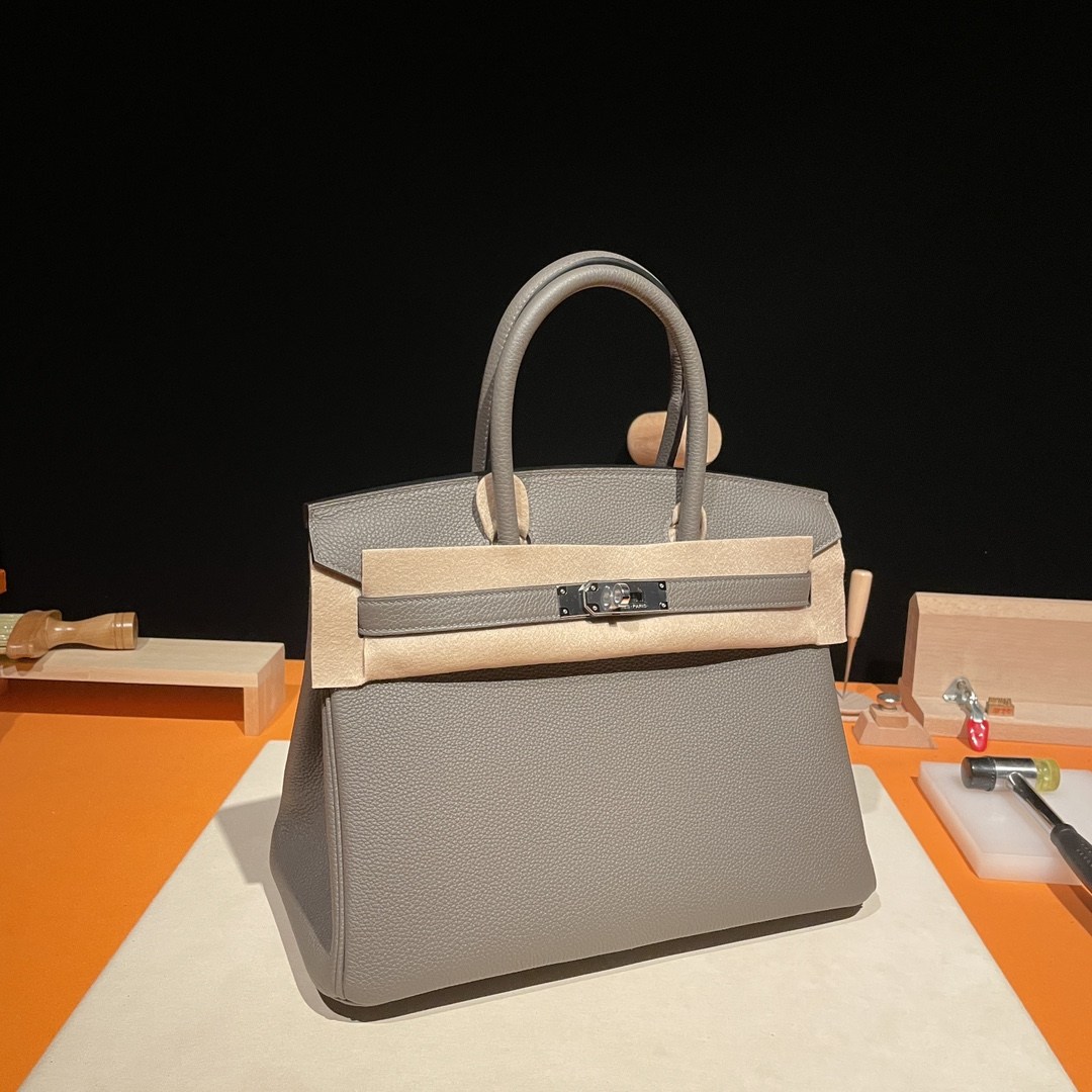 HERMES Birkin 30 Etain Togo Silver-tone Hardware