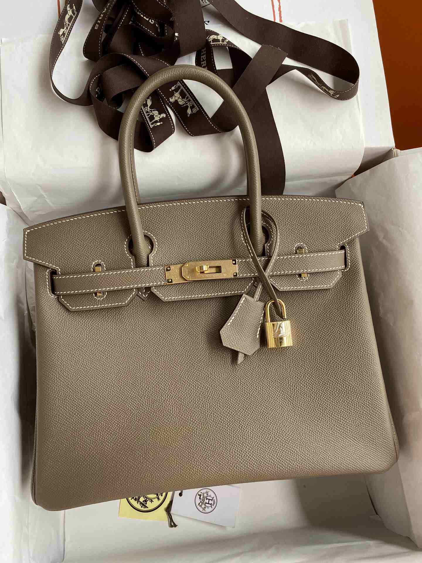 HERMES Birkin 30 Etoupe Epsom Gold-tone Hardware