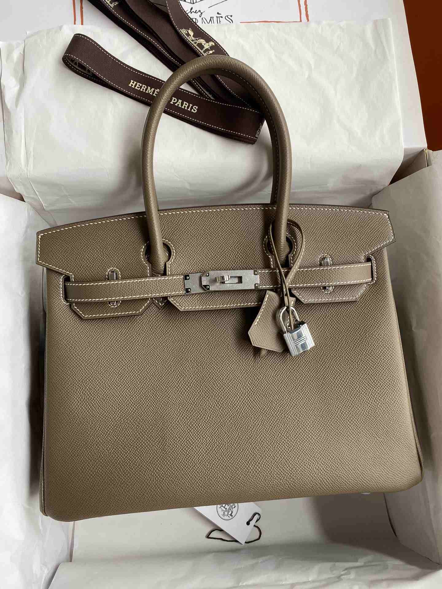 HERMES Birkin 30 Etoupe Epsom Silver-tone Hardware