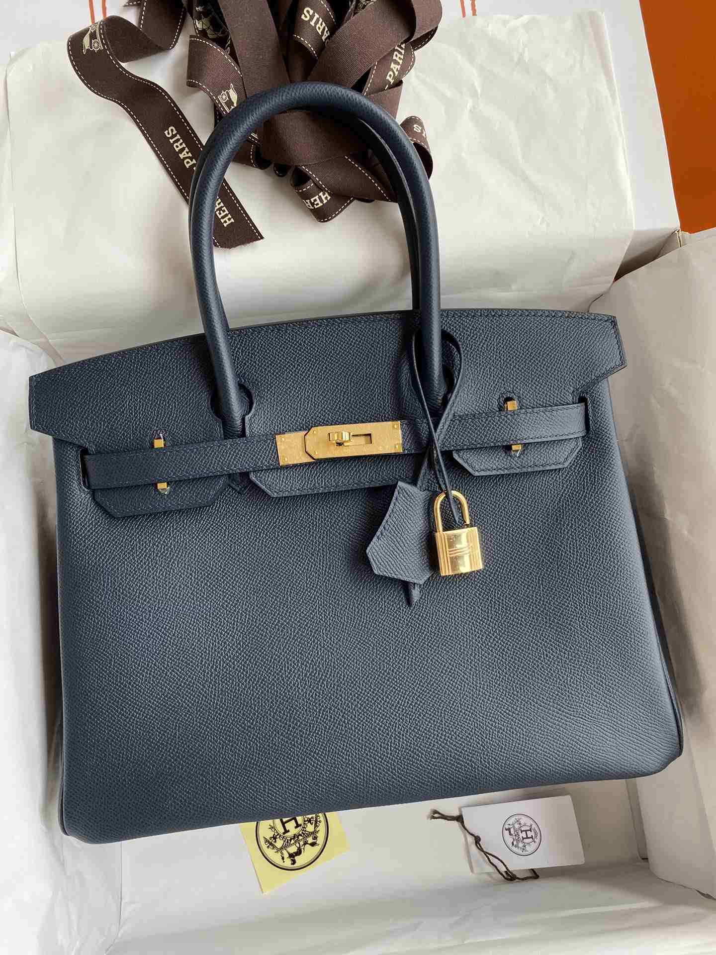 HERMES Birkin 30 Blue Nuit Epsom Gold-tone Hardware