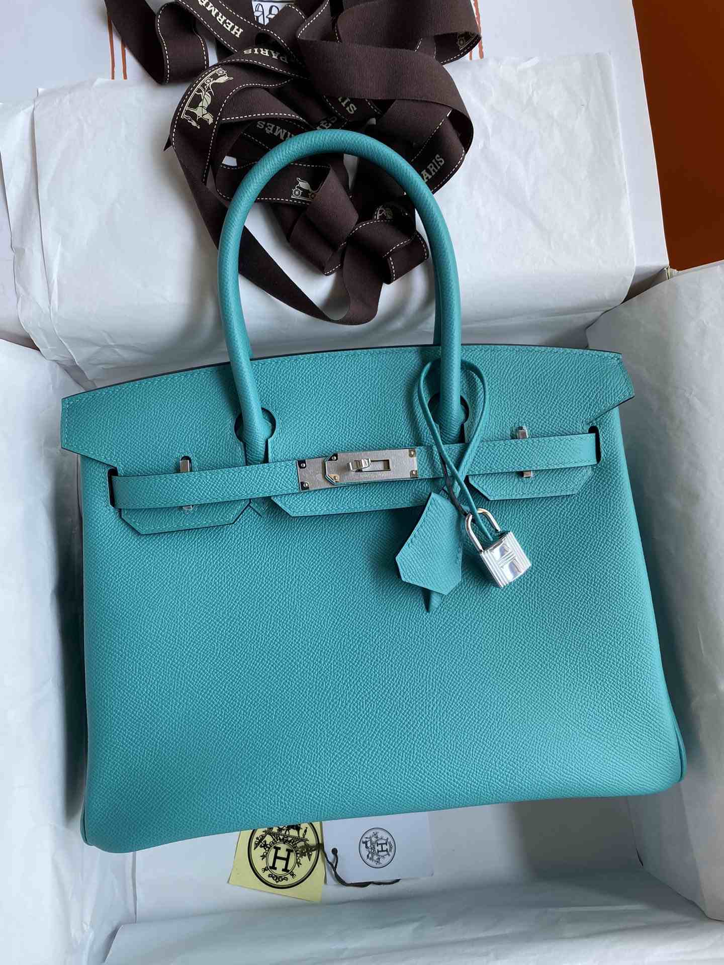 HERMES Birkin 30 Blue Paon Epsom Silver-tone Hardware