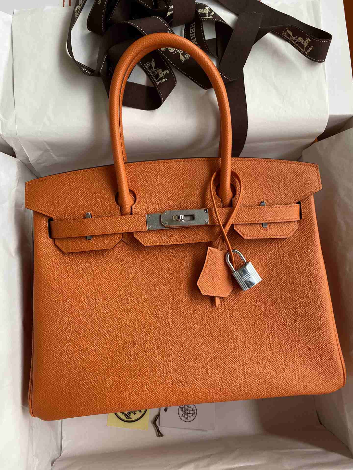 HERMES Birkin 30 Orange Epsom Silver-tone Hardware