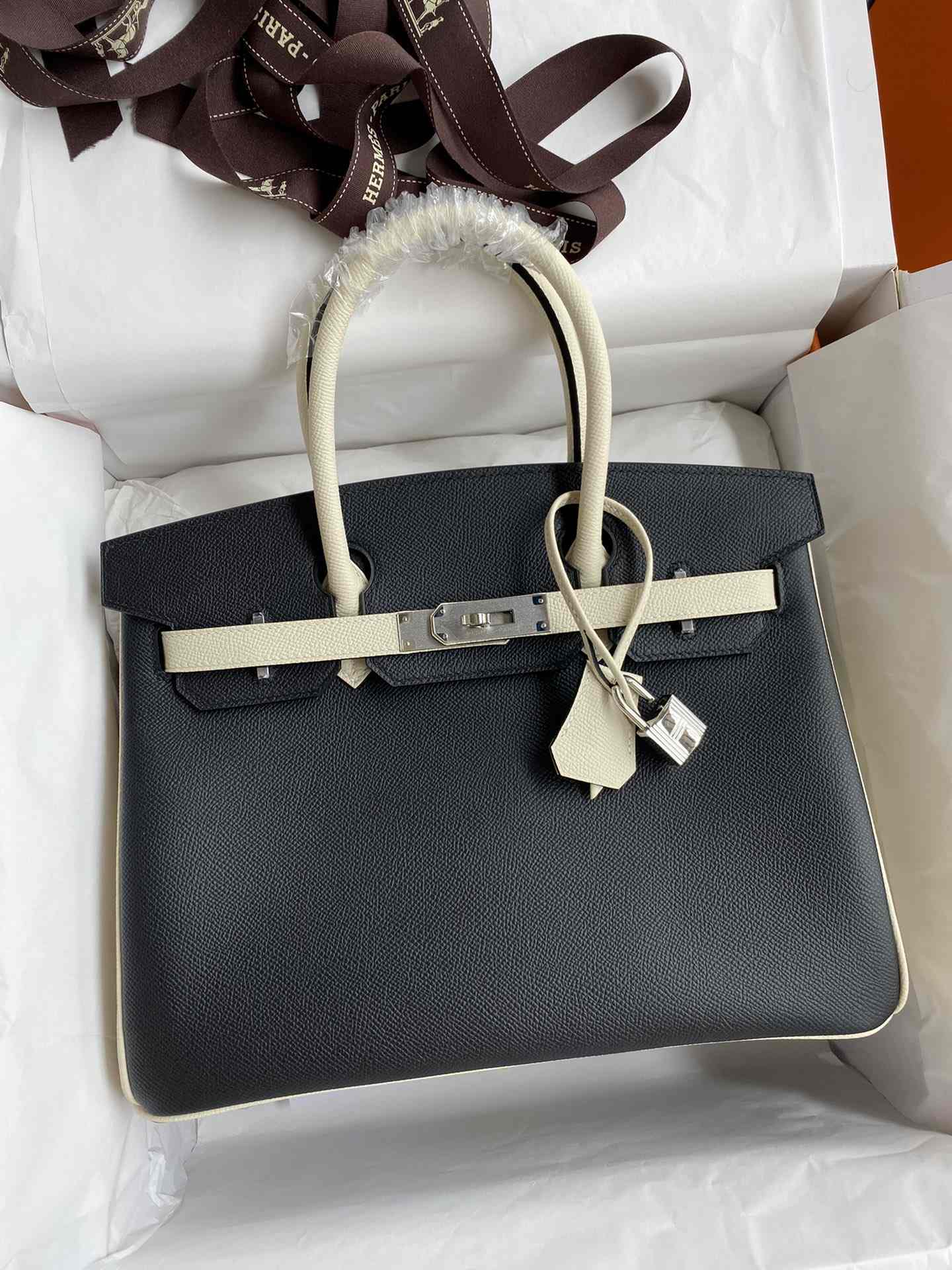 HERMES Birkin 30 Nior&Craie Epsom Silver-tone Hardware