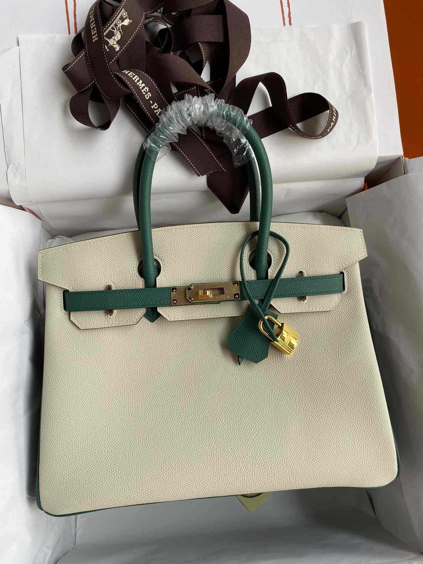 HERMES Birkin 30 Craie&Malachite Epsom Gold-tone Hardware