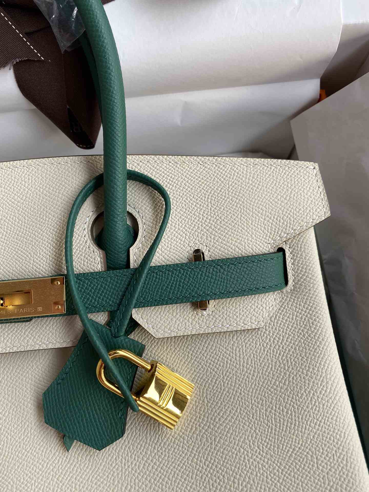 HERMES Birkin 30 Craie&Malachite Epsom Gold-tone Hardware