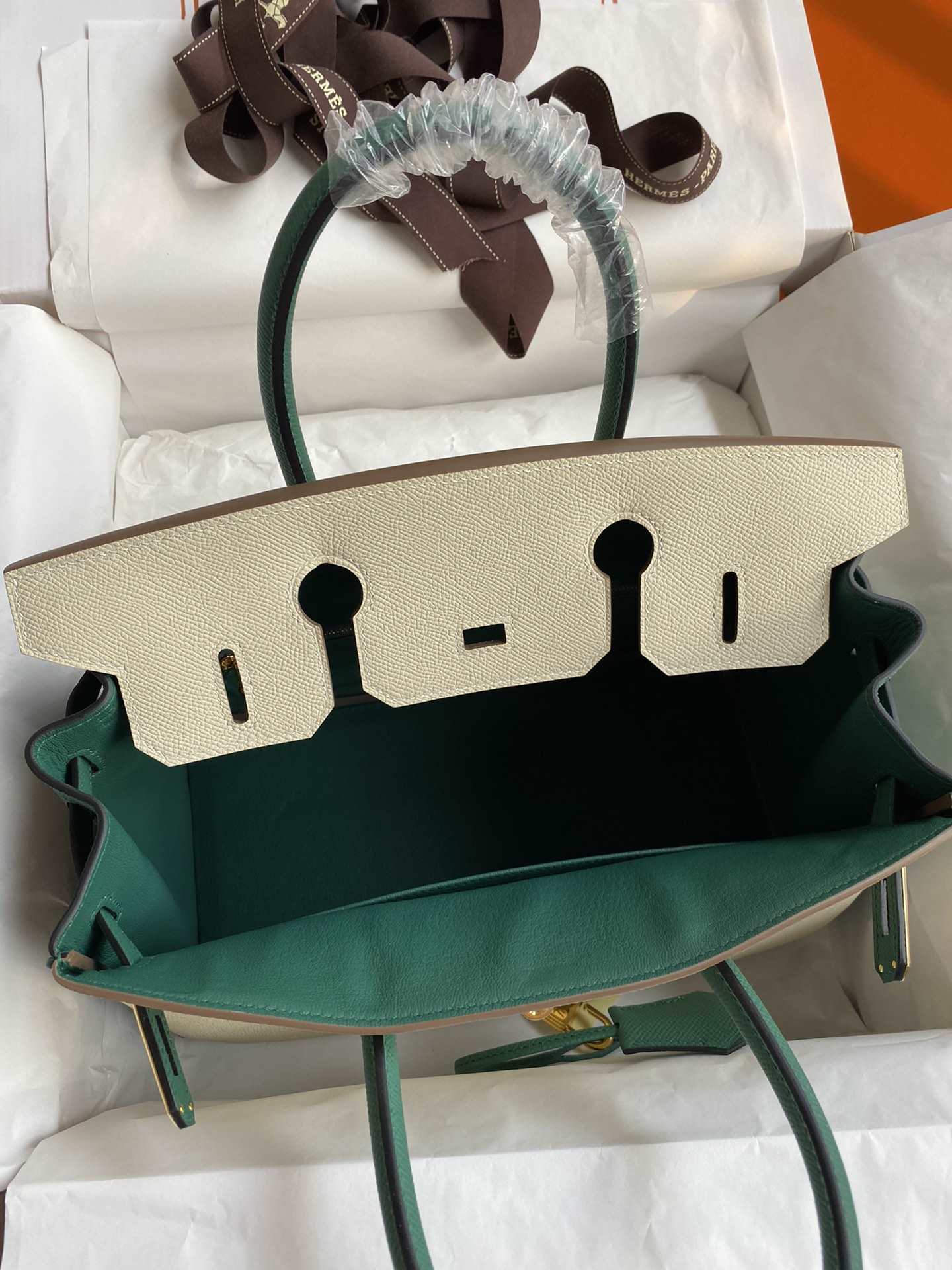 HERMES Birkin 30 Craie&Malachite Epsom Gold-tone Hardware