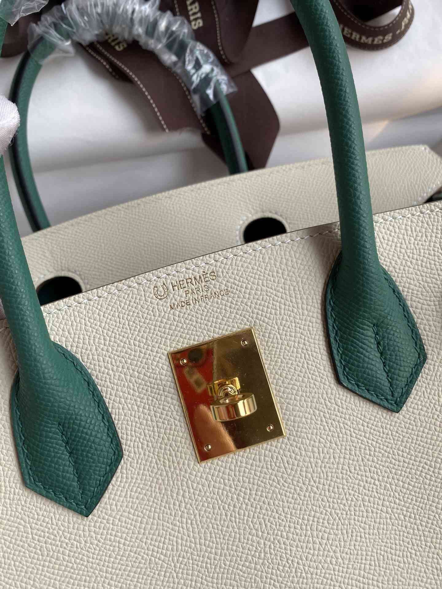 HERMES Birkin 30 Craie&Malachite Epsom Gold-tone Hardware