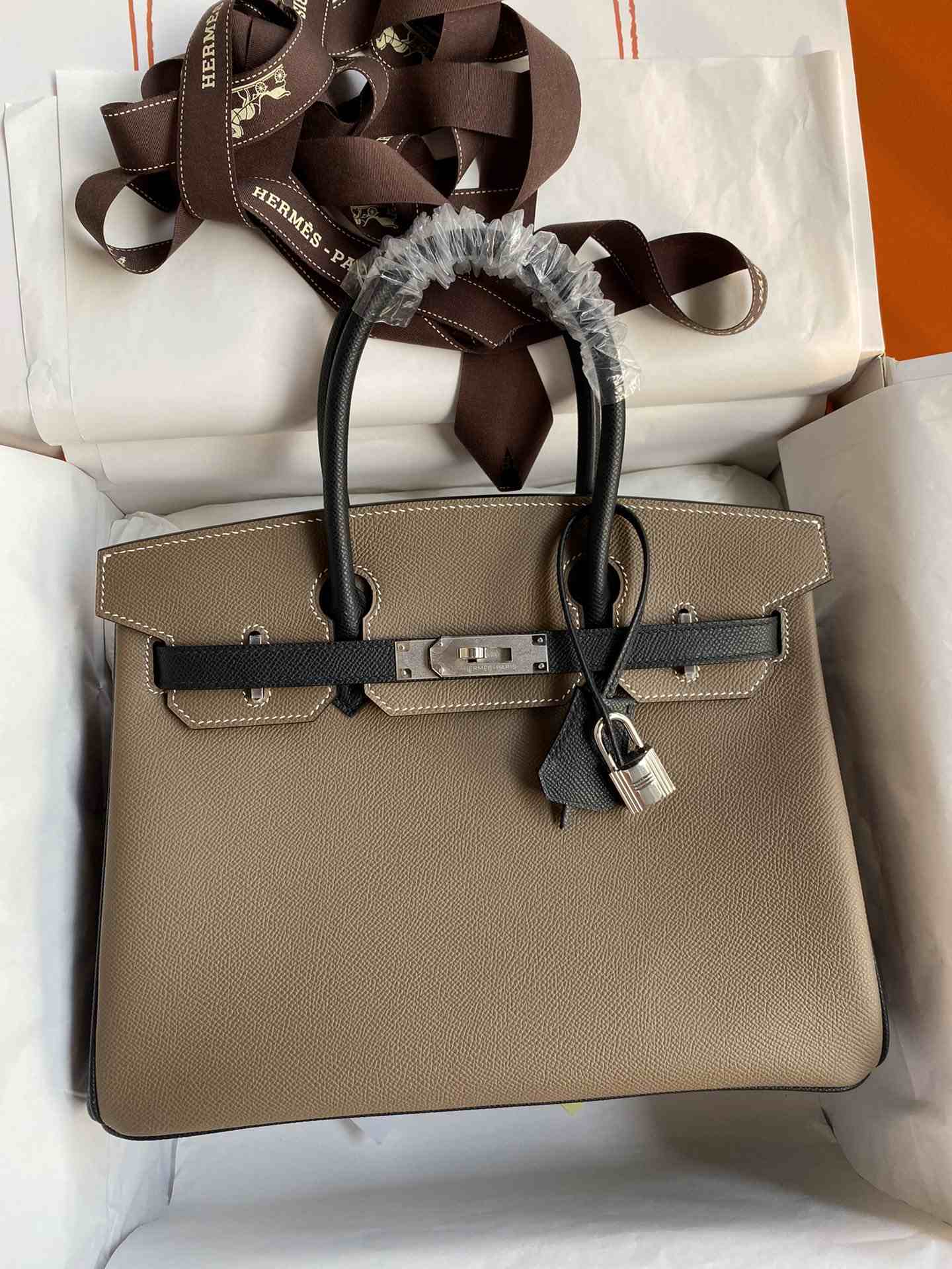 HERMES Birkin 30 Etoupe&Nior Epsom Silver-tone Hardware