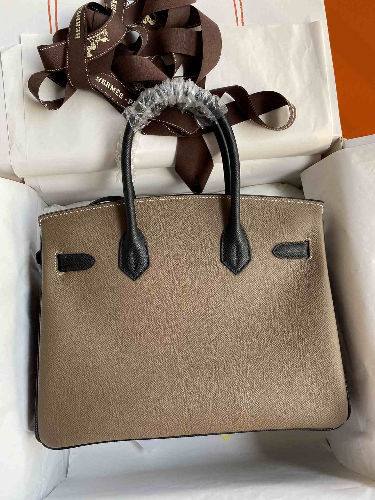 HERMES Birkin 30 Etoupe&Nior Epsom Silver-tone Hardware