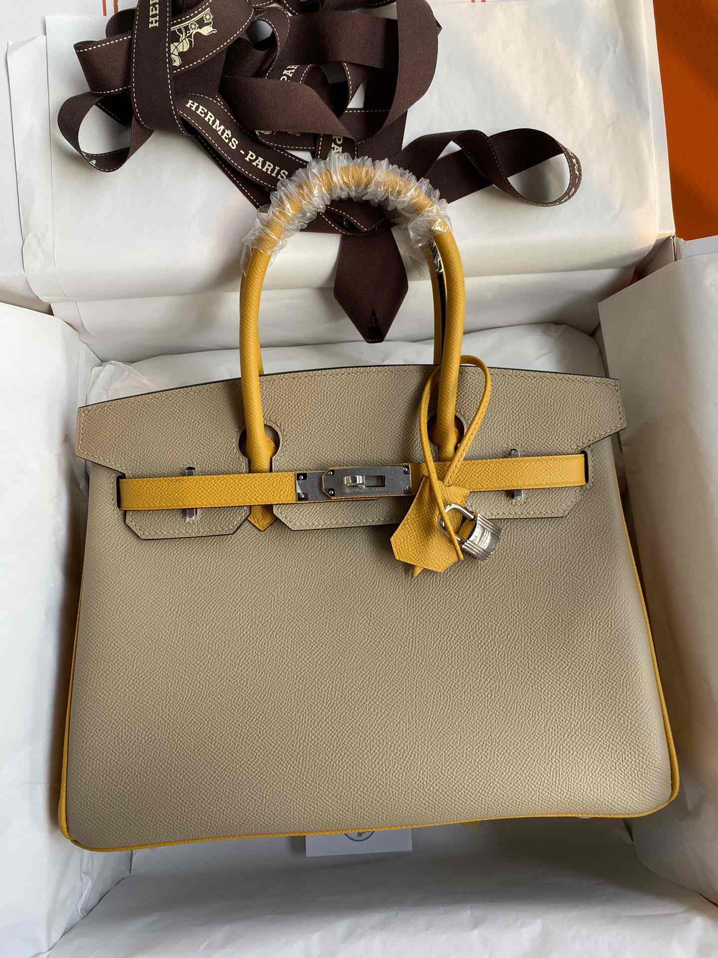 HERMES Birkin 30 Trench&Jaune Ambre Epsom Silver-tone Hardware