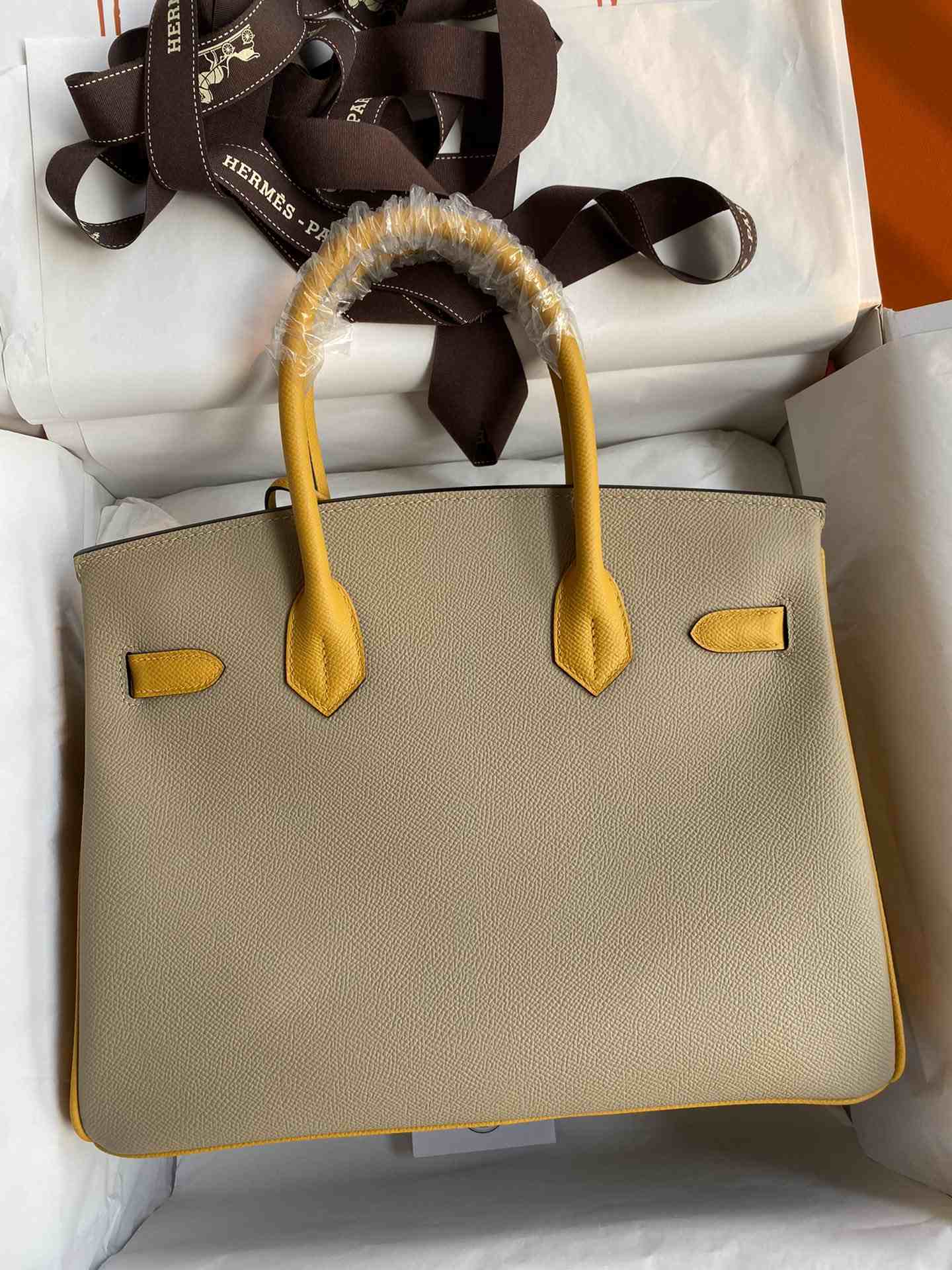 HERMES Birkin 30 Trench&Jaune Ambre Epsom Silver-tone Hardware