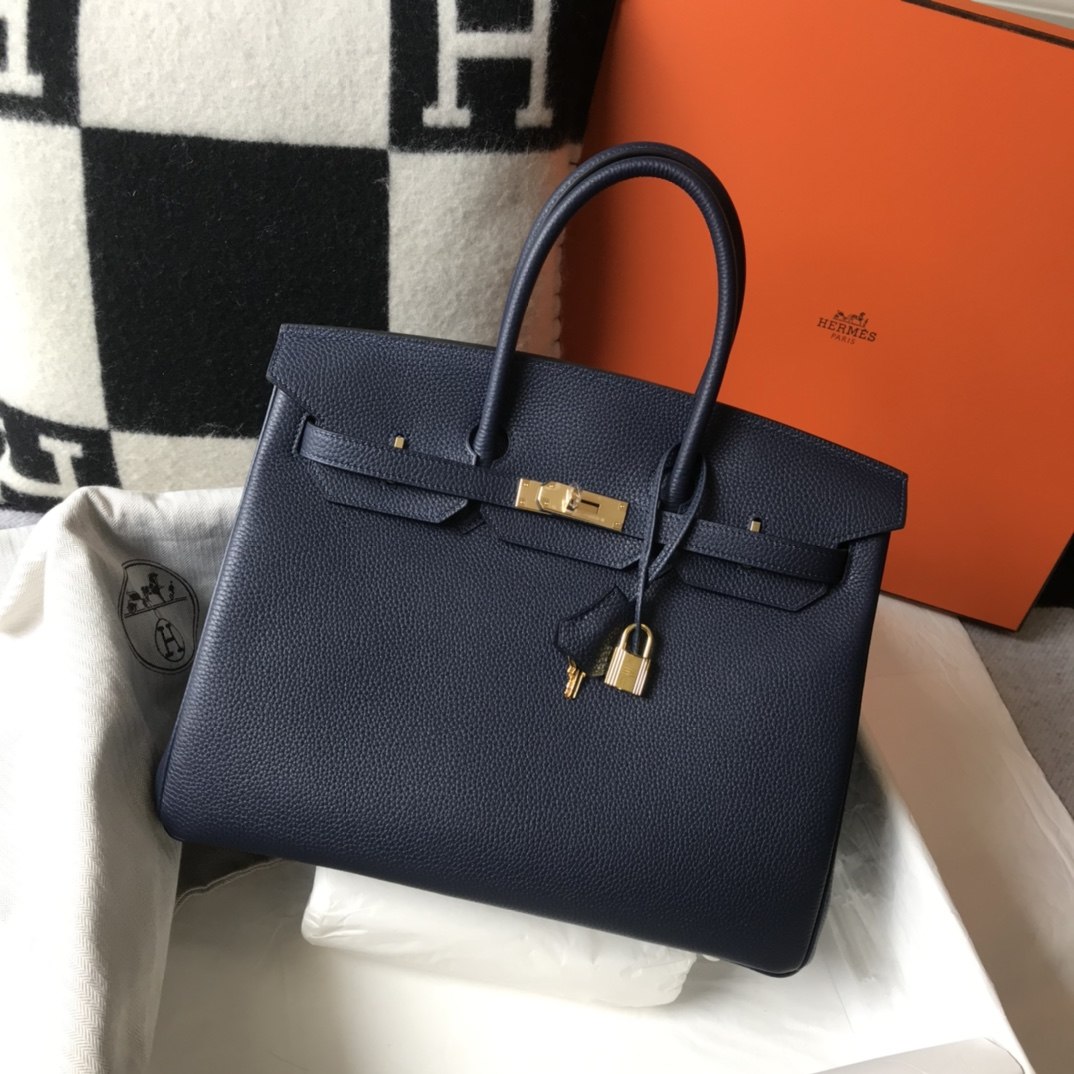 HERMES Birkin 35 Deep Blue Togo Gold-tone Hardware