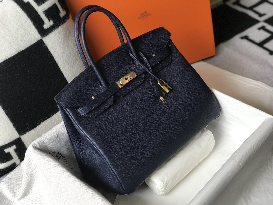 HERMES Birkin 35 Deep Blue Togo Gold-tone Hardware