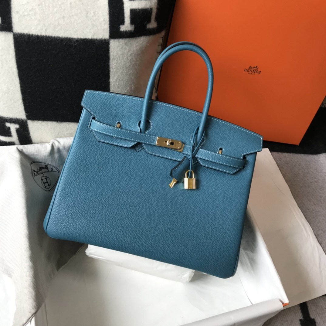 HERMES Birkin 35 Bleu Jean Togo Gold-tone Hardware