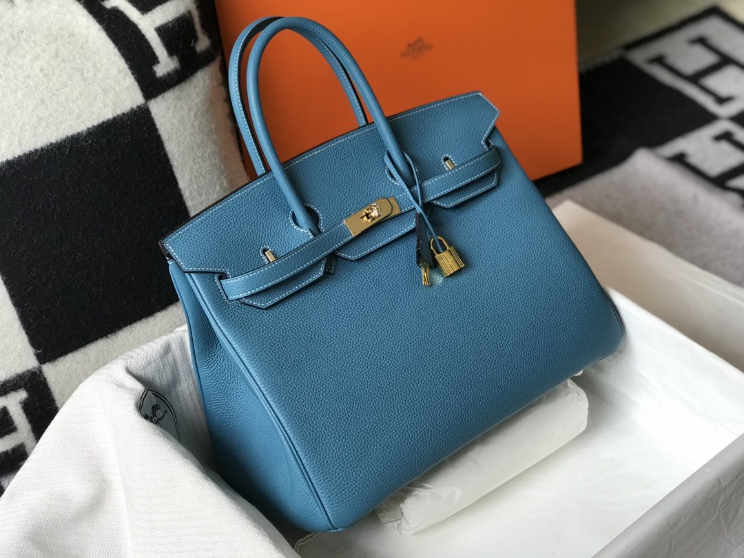 HERMES Birkin 35 Bleu Jean Togo Gold-tone Hardware