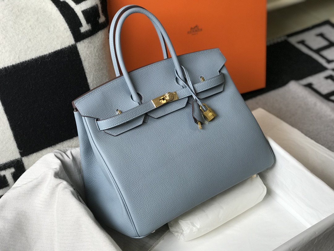 HERMES Birkin 35 Bleu Lin Togo Gold-tone Hardware