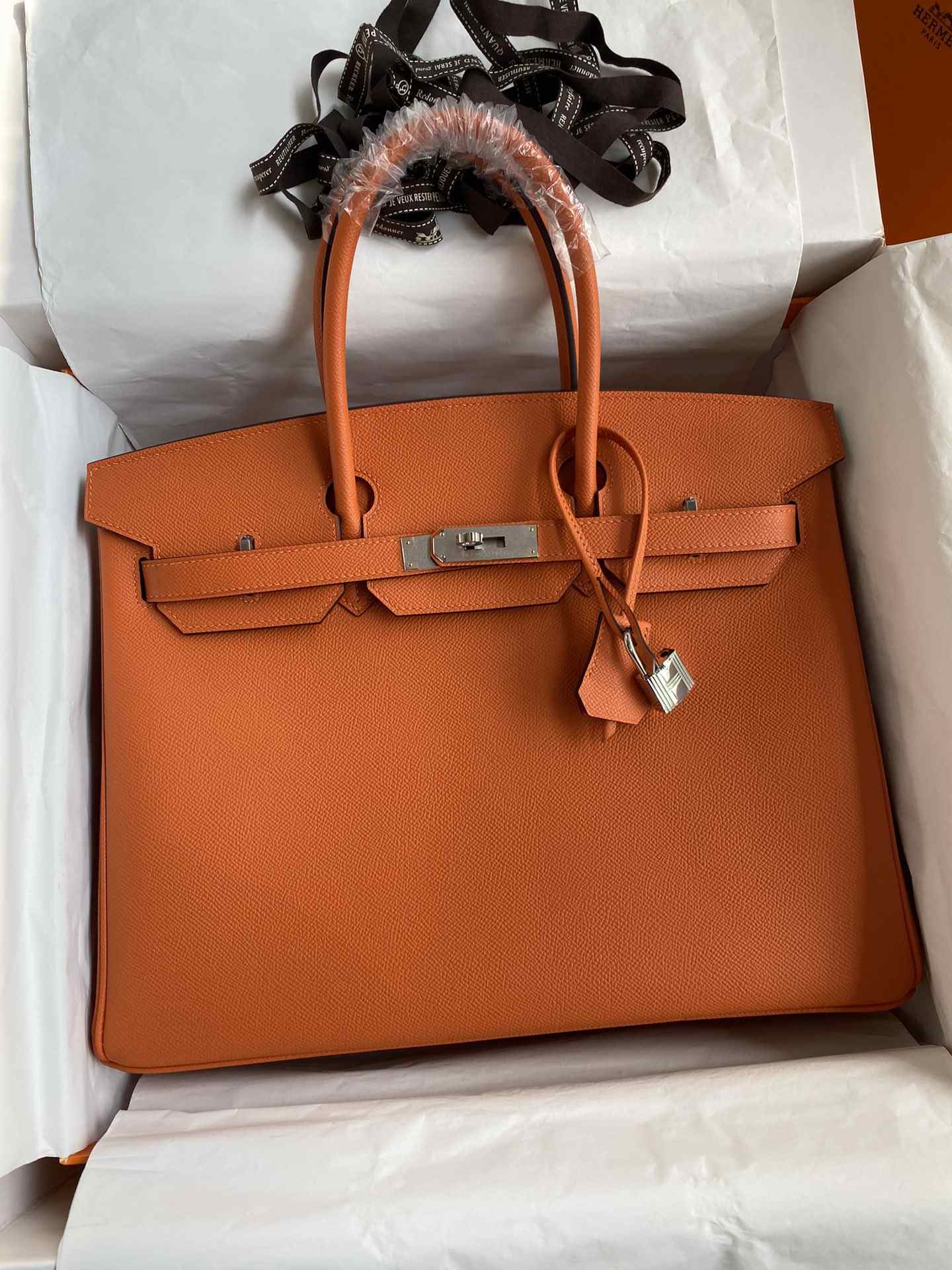 HERMES Birkin 35 Orange Epsom Silver-tone Hardware