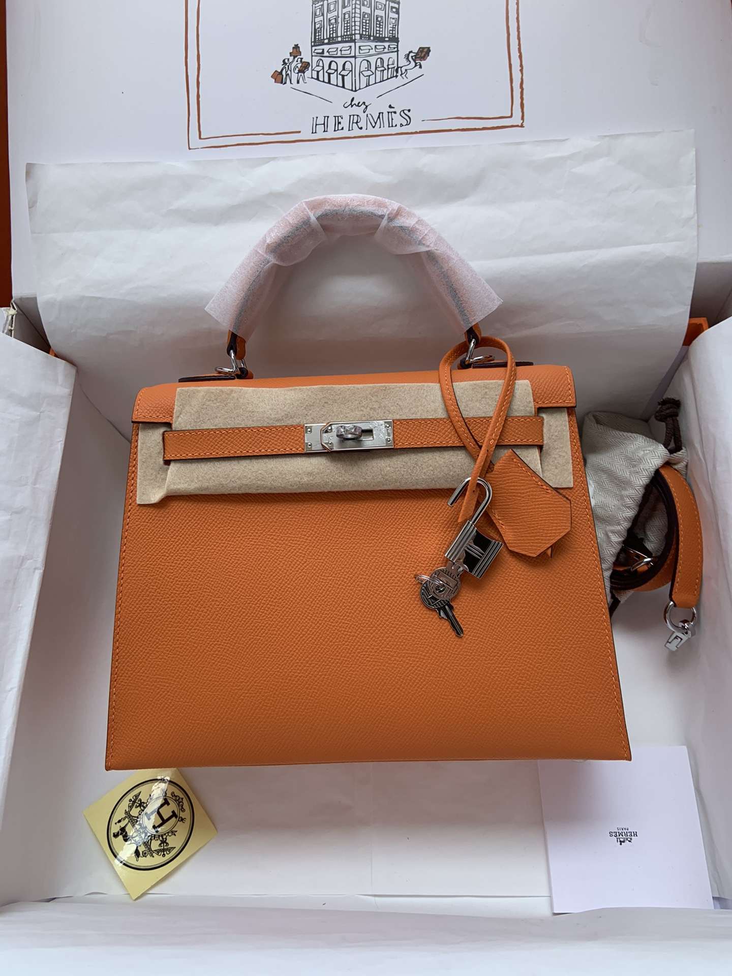 HERMES Kelly 25 Orange Epsom Silver-tone Hardware