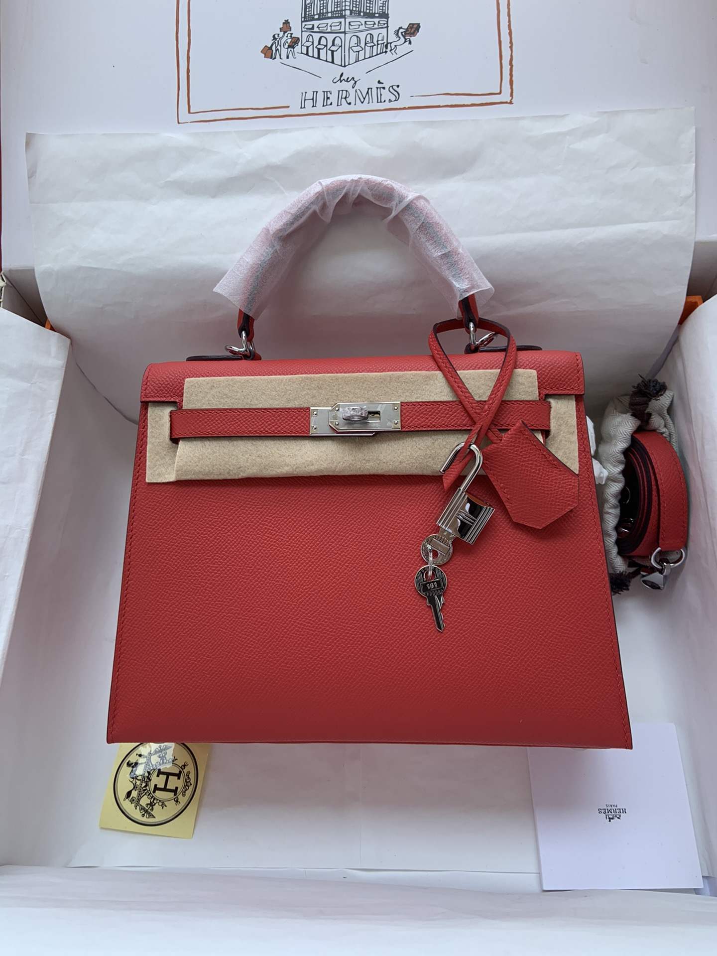 HERMES Kelly 25 Rouge De Corur Epsom Silver-tone Hardware