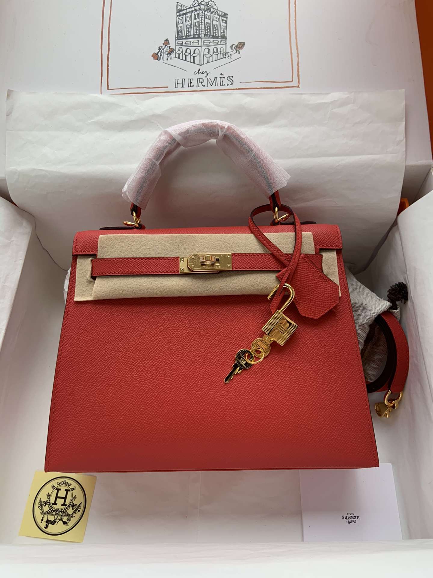 HERMES Kelly 25 Rouge De Corur Epsom Gold-tone Hardware