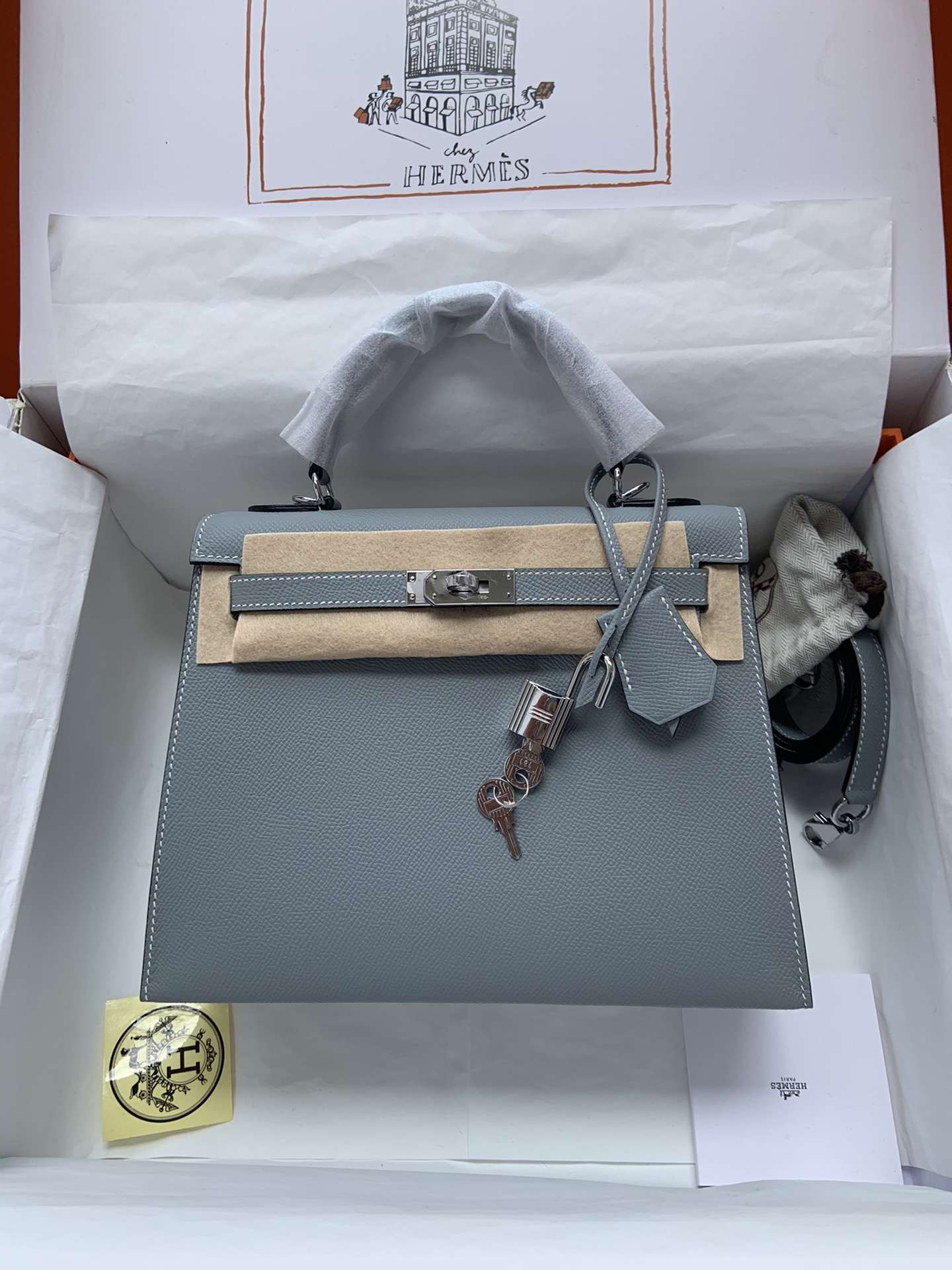 HERMES Kelly 25 Bleu Lin Epsom Silver-tone Hardware