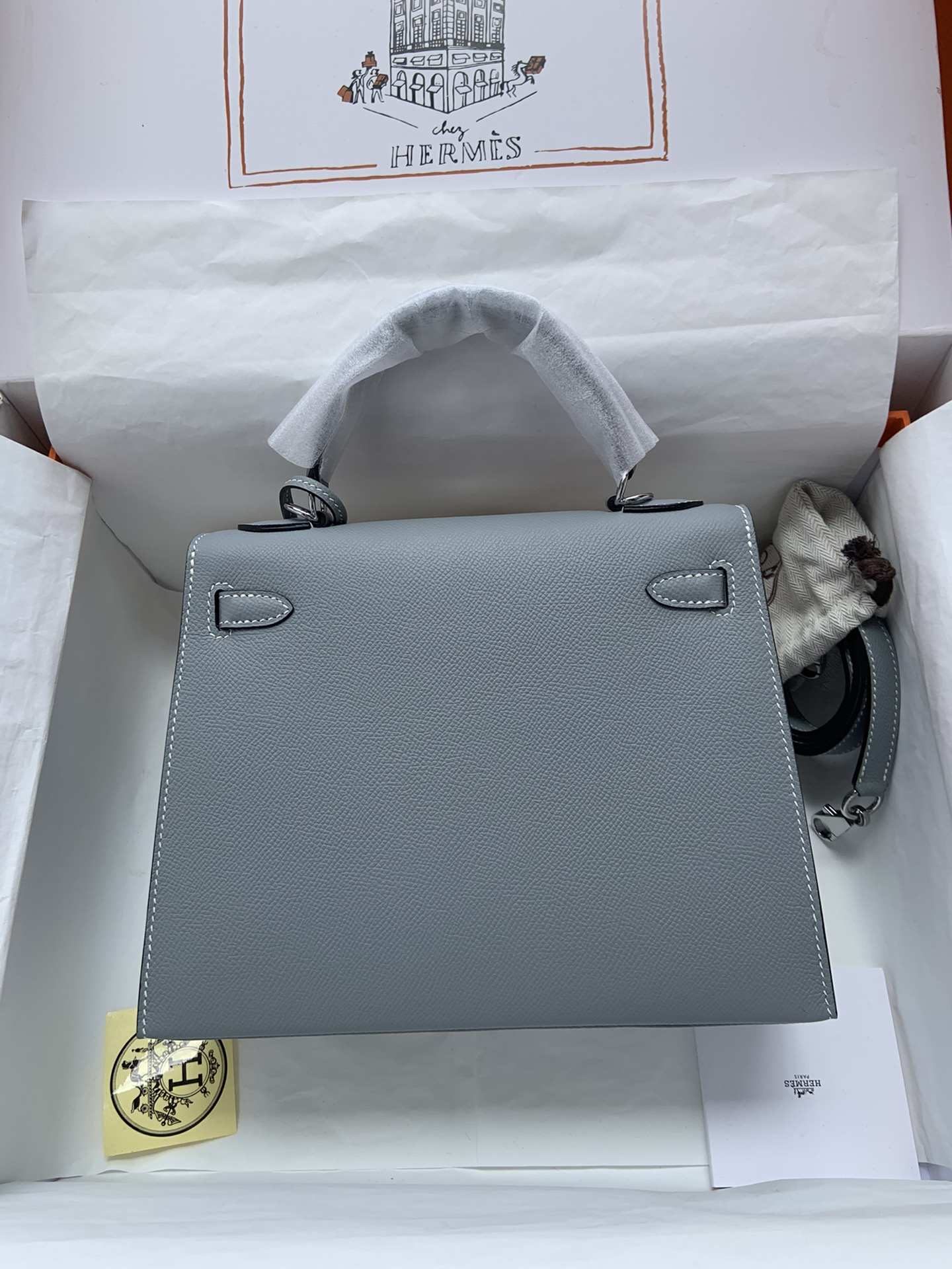 HERMES Kelly 25 Bleu Lin Epsom Silver-tone Hardware