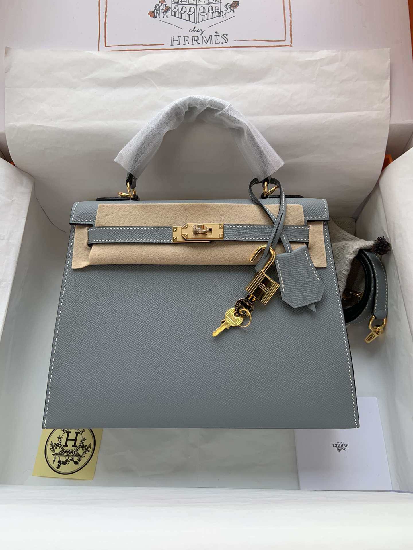 HERMES Kelly 25 Bleu Lin Epsom Gold-tone Hardware