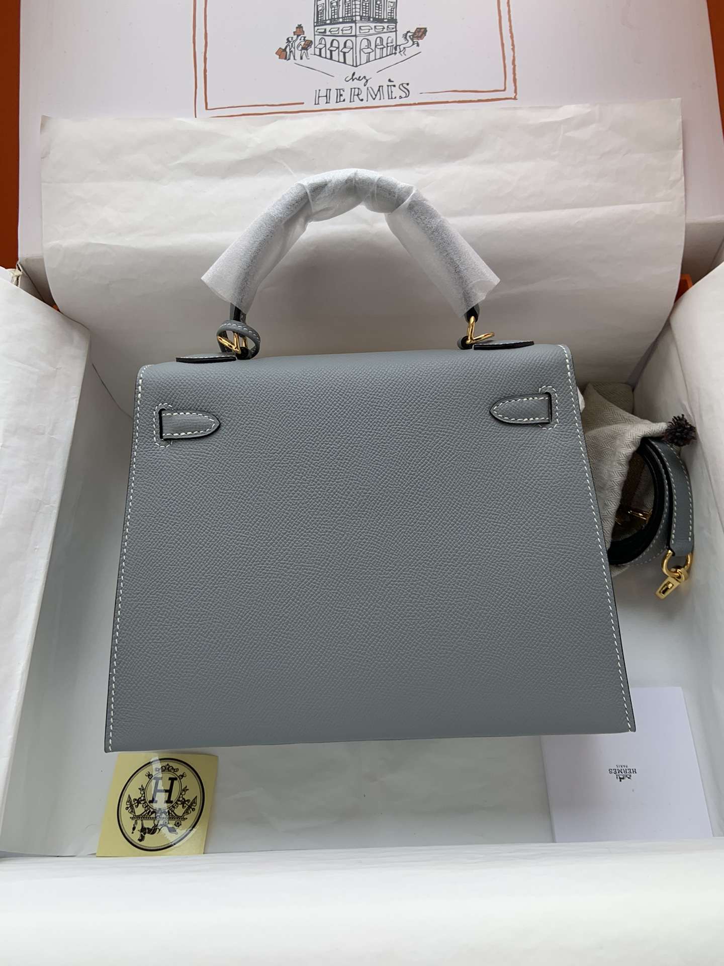 HERMES Kelly 25 Bleu Lin Epsom Gold-tone Hardware