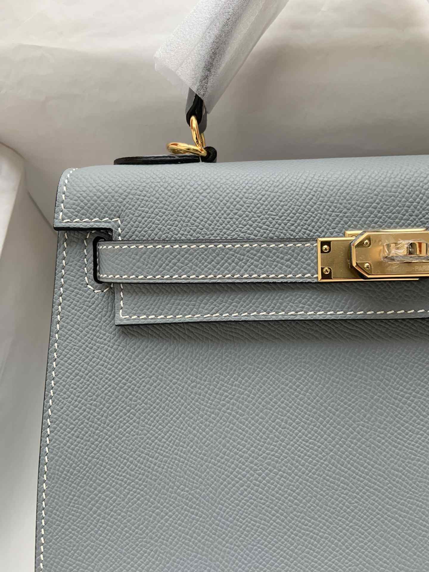 HERMES Kelly 25 Bleu Lin Epsom Gold-tone Hardware